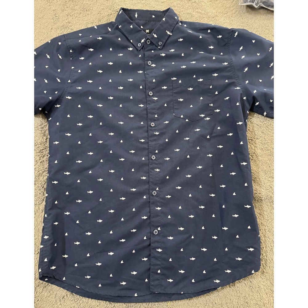Visive Shirts Mens L LOT OF 2 Blue Fish Dinosaur All Over Print Short Sleeve
